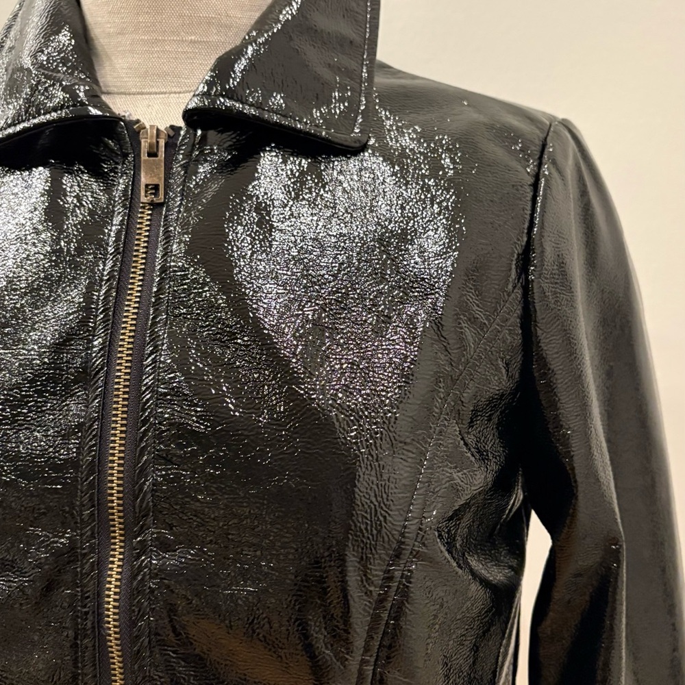 Who What Wear Womens Black Patent Faux Leather Bomber Biker Jacket / Size S - Picture 2 of 15